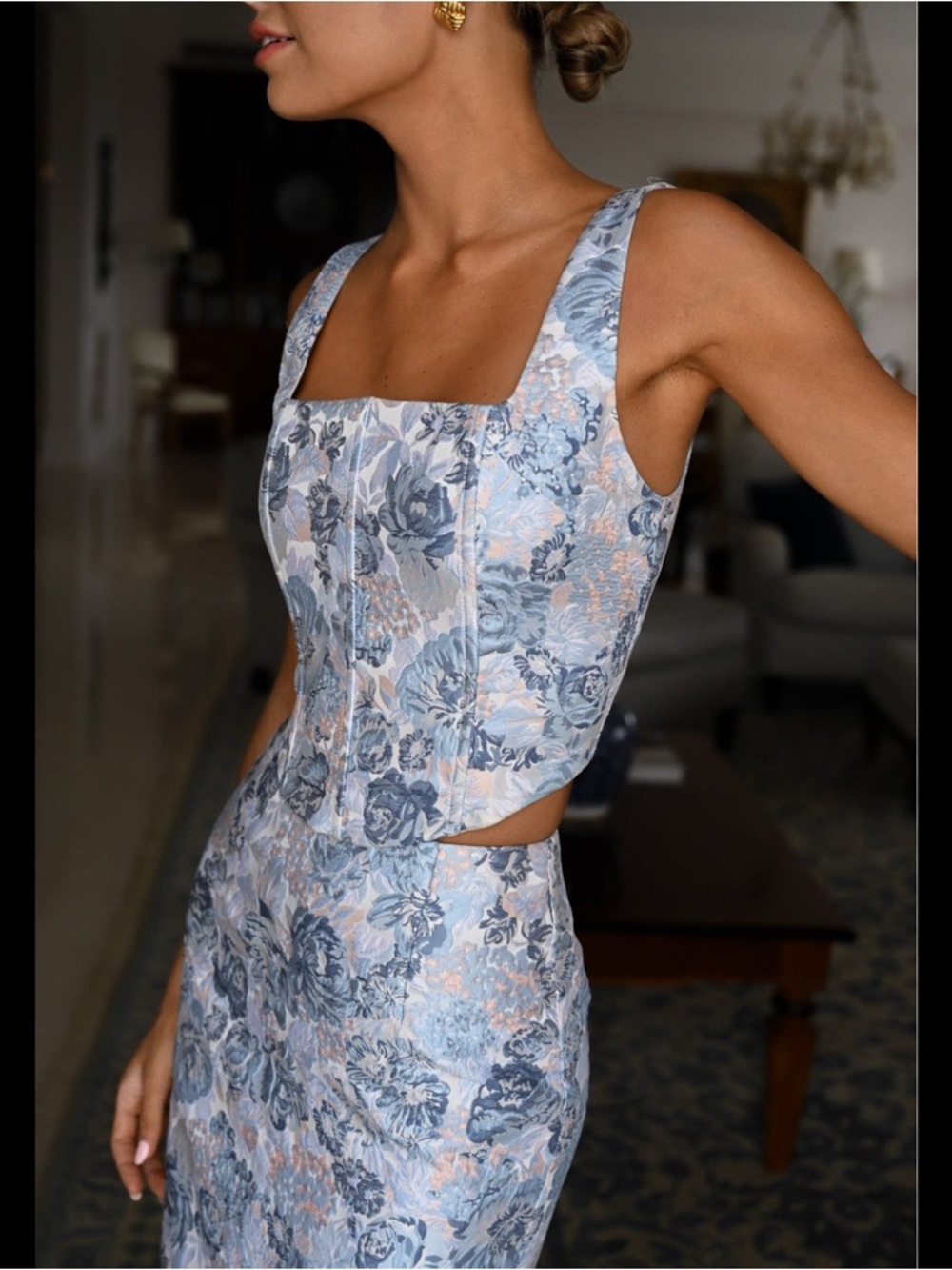 Yellow the Label Andie Corset Top in Blue Floral Brocade